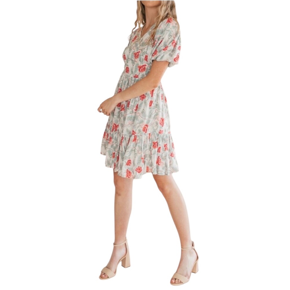 JESSAKAE White Green Pink Floral Rose Print Puff Sleeve Mini Dress Size Large